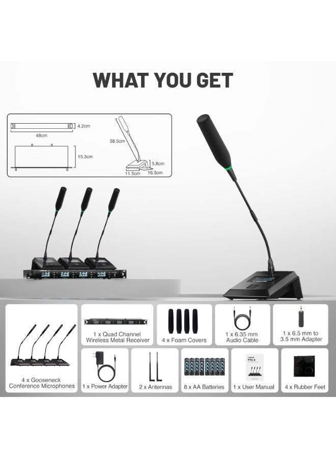 Phenyx Pro Wireless Conference Microphone System Quad Channel Podium Mic with 4 Gooseneck Microphones Auto Scan UHF 4x50 Frequencies for Lecture Church Conference Public Speaking PTC 4 - Image 3